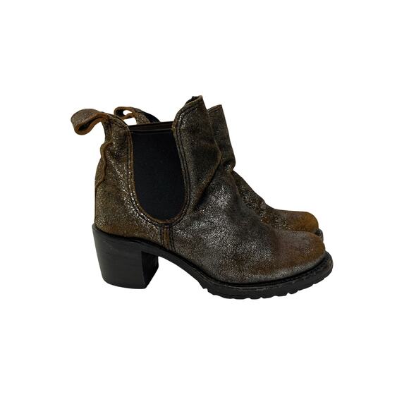Frye Sabrina Metallic Suede Ankle Boots 7.5 Brown Chelsea Pull-On Stacked Heel - Picture 1 of 16